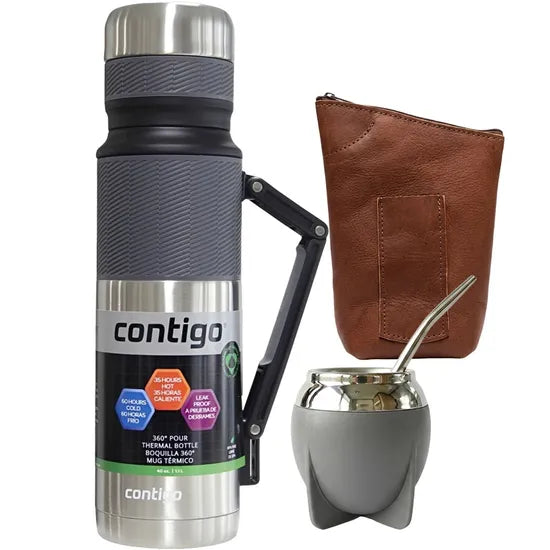 KIT TERMO CONTIGO 1.1L (GUAMPA + BOMBILLA + YERBERO 100% CUERO) STAINLESS STEEL