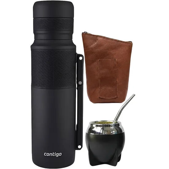 KIT TERMO CONTIGO 1.1L (GUAMPA + BOMBILLA + YERBERO 100% CUERO) BLACK