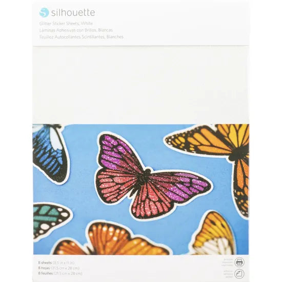SILHOUETTE PAPEL ADHESIVO P/ IMPRIMIR BRILLANTINA/GLITTER WHITE 22X28CM 8PCS MEDIA-GLTW-ADH Product