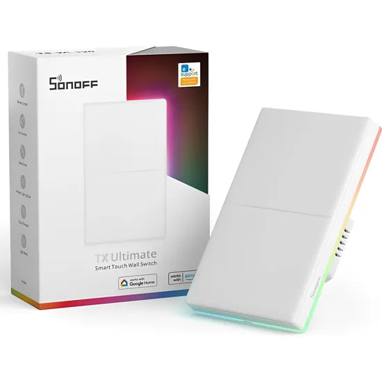 INTERRUPTOR SMART TOUCH SONOFF T5-2C-120 LED/SOUND/VIBRATION 2 BOTON/WIFI/ALEXA/GOOGLE/WHITE