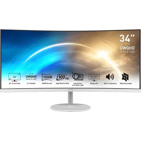 MONITOR CURVO 34"" MSI PRO MP341CQW UWQHD 1500R/100HZ/1MS/10B/FSY/SPEAKER/DP/HDMI/WHITE Product