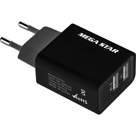 CARGADOR PARED MEGA STAR CH331 2 USB-A BLACK