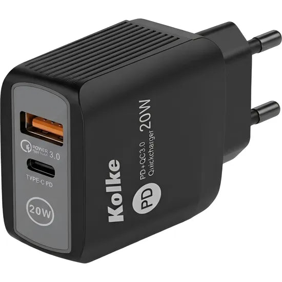 CARGADOR PARED KOLKE KCR-2576 20W USB+USB-C BLACK