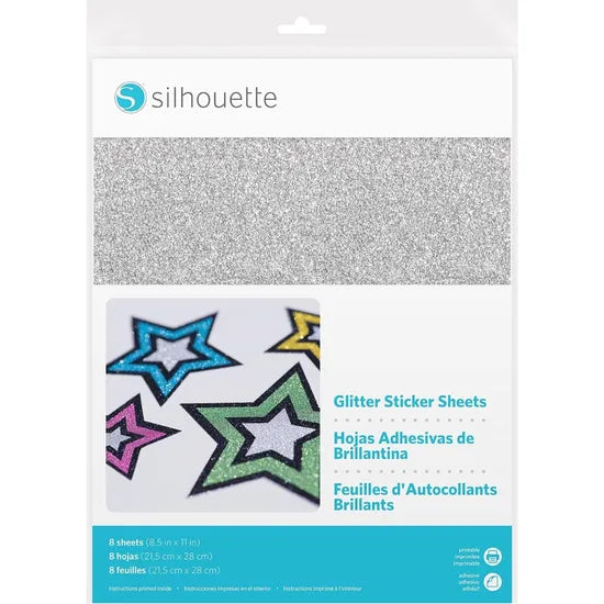 SILHOUETTE PAPEL ADHESIVO P/ IMPRIMIR BRILLANTINA/GLITTER SILVER 22X28CM 8PCS MEDIA-GLT-ADH Product