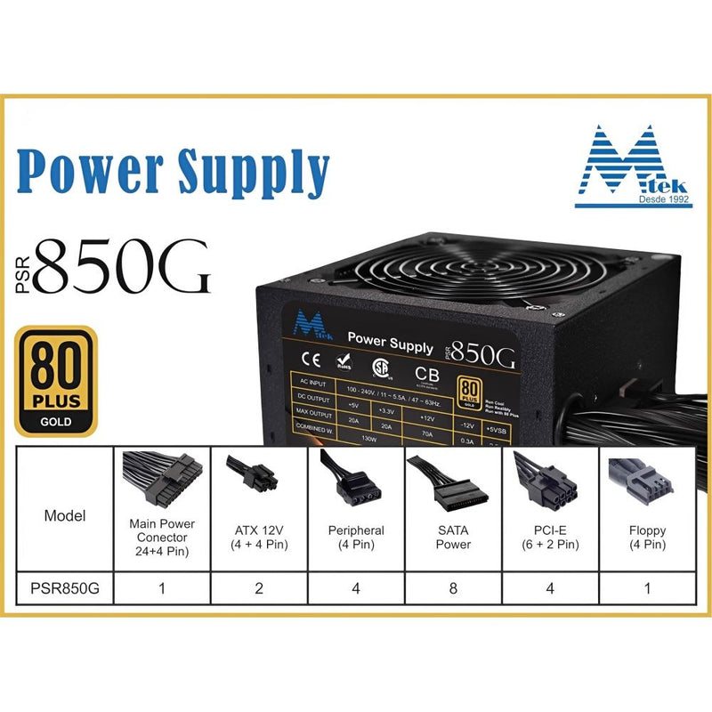 FUENTE MTEK PSR850A31 850W 80+ GOLD SEMI MODULAR 24PIN FAN 12CM PCIE 5.1 ATX 3.1 153044