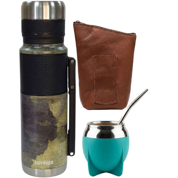 KIT TERMO CONTIGO 1.1L (GUAMPA + BOMBILLA + YERBERO 100% CUERO) STAINLESS STEEL
