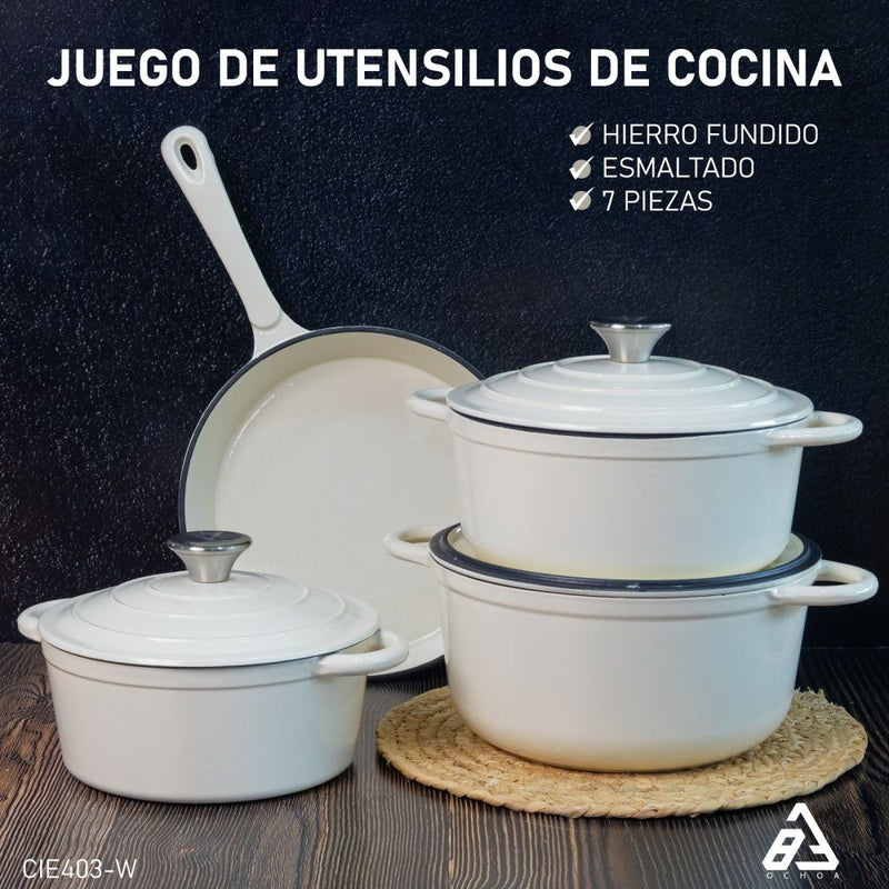 MARYLAND SET 7PCS OLLAS Y SARTENES DE HIERRO FUNDIDO ESMALTADO BLANCO 146623