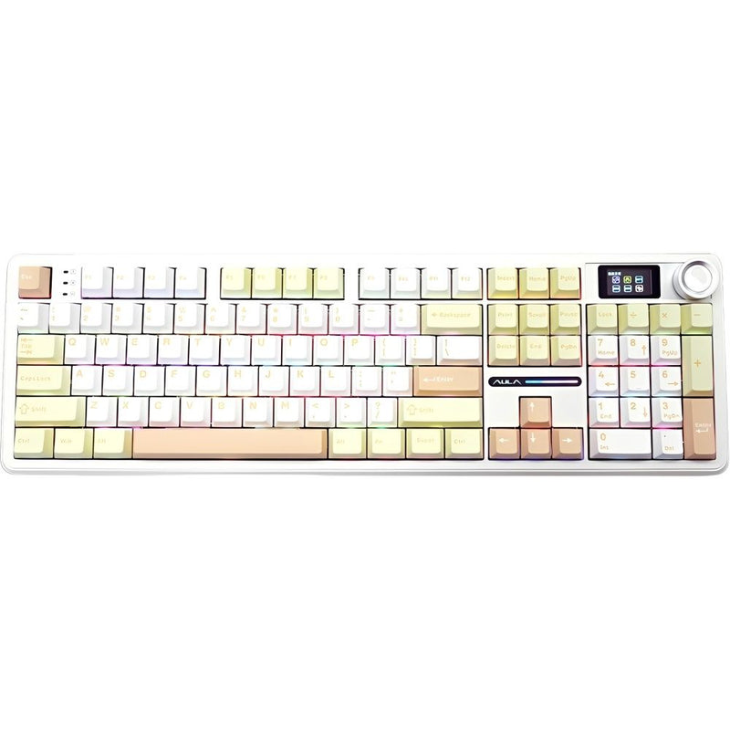 TECLADO MECANICO WIRELESS AULA F108 PRO RGB/100%/DISPLAY/STRAWBERRY MINT SW/ING/LIGHT YELLOW
