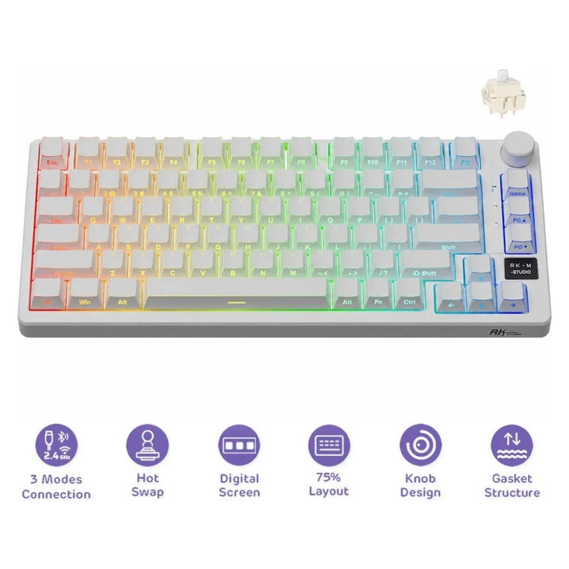 TECLADO MECANICO WIRELESS ROYAL KLUDGE M75 RGB/75%/TRI MODE/CREAM SW/ING/AURORA